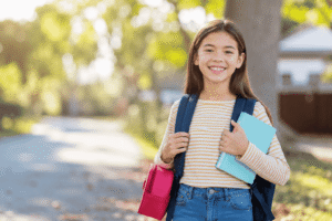 young girl at school holding books and lunch