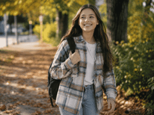 teen walking outdoors smiling